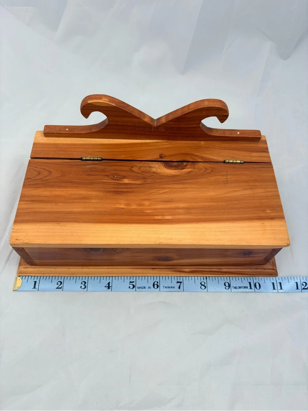Vintage Wooden Handmade Desk or Storage Box With Top Scroll Crest